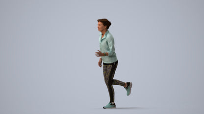 3D human model woman sport, photogrammetry scanned person for archviz, three-quarter view render