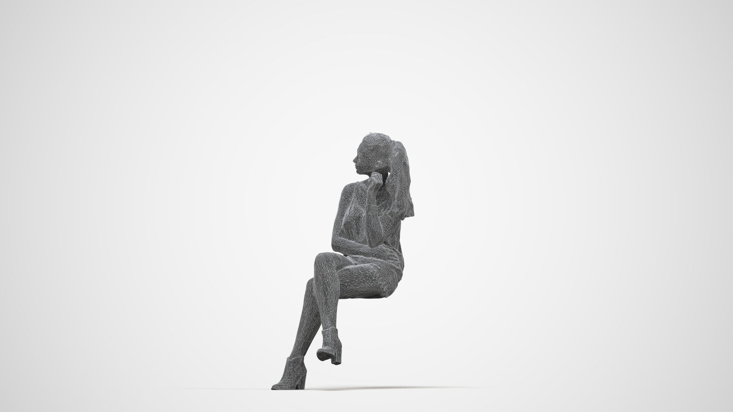 realistic 3D people girl casual sitting, render-ready for V-Ray and Corona, FBX OBJ, wireframe back view