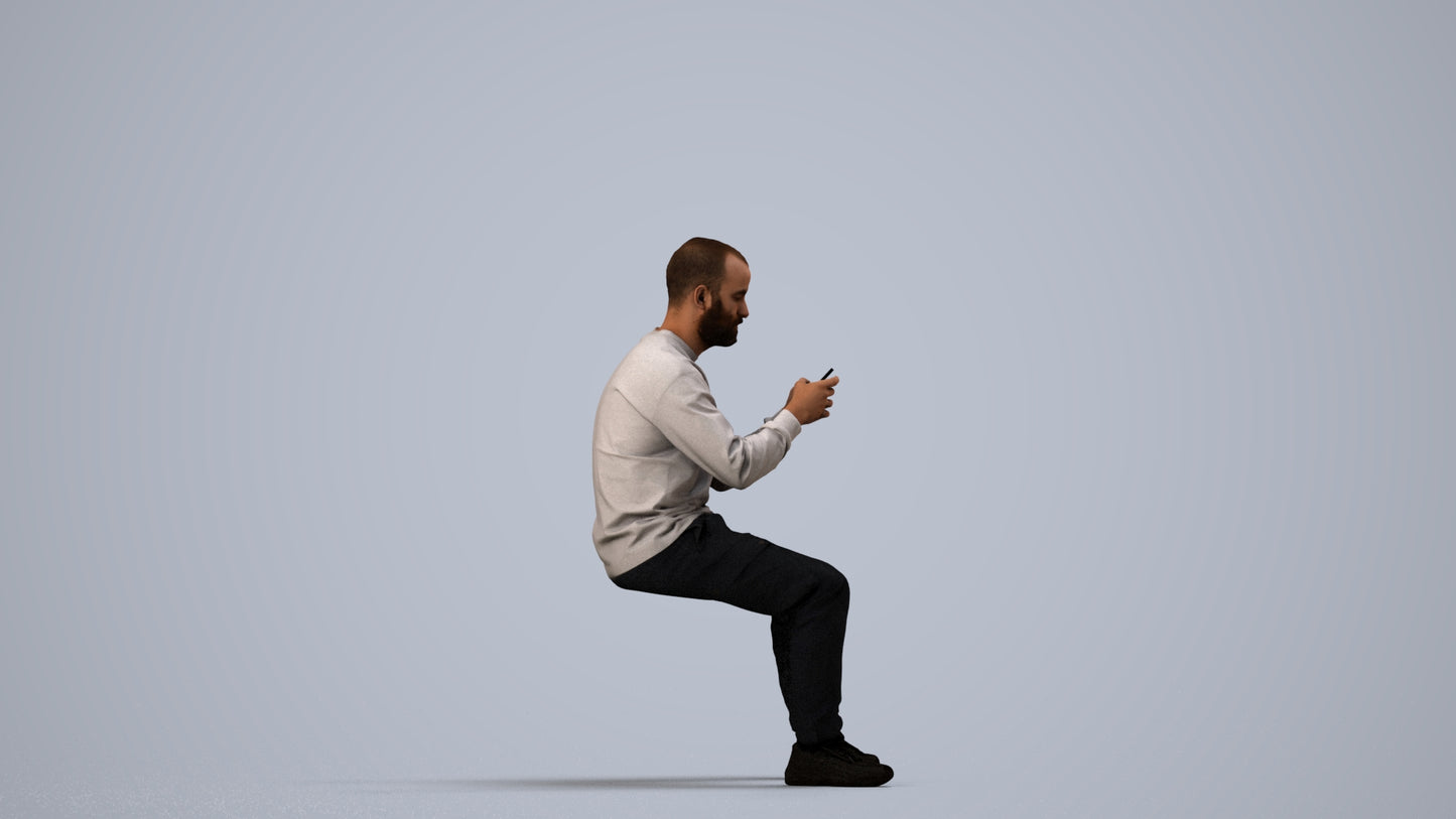 3D human model man casual sitting, photogrammetry scanned person for archviz, side view render