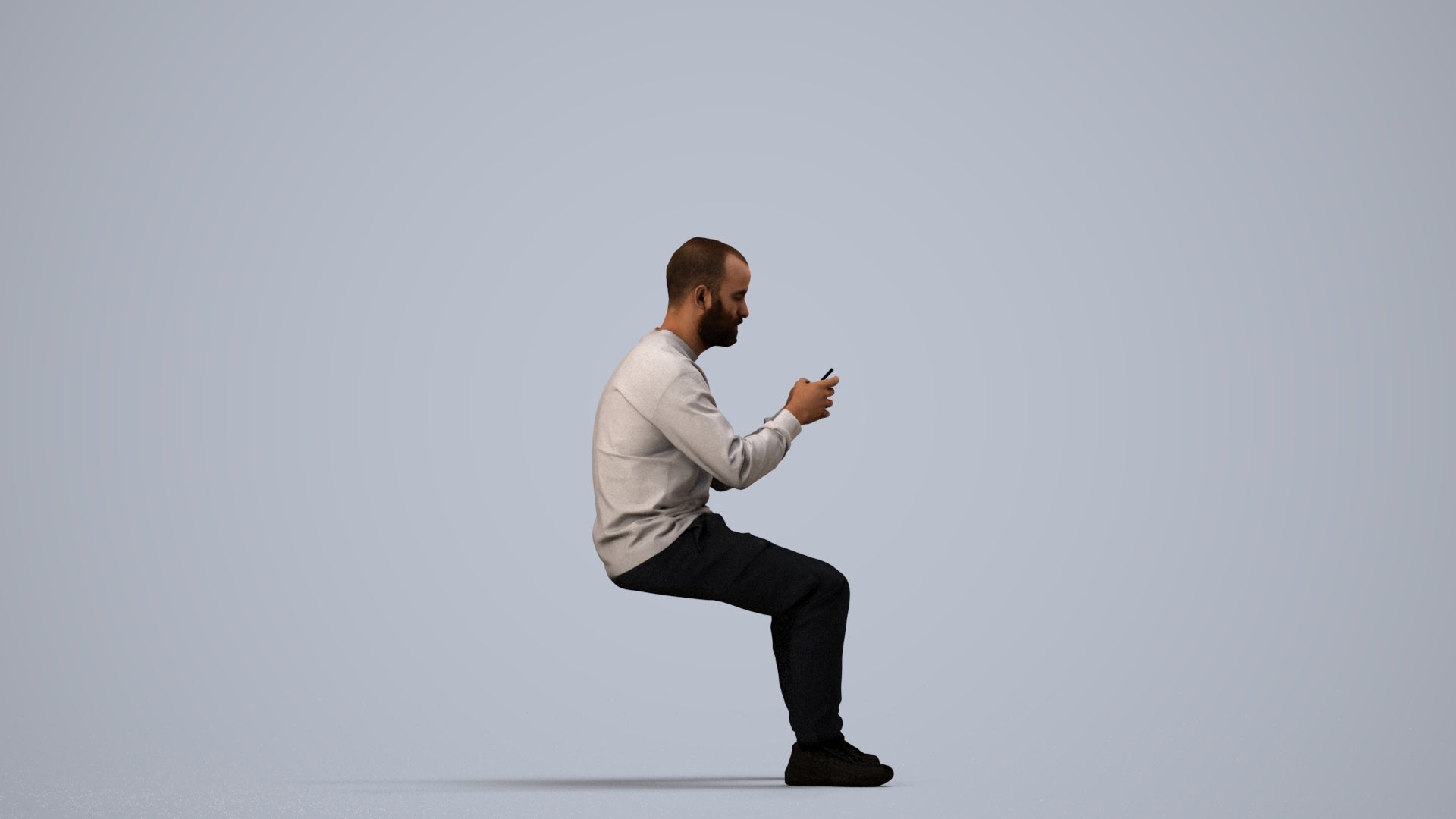 3D human model man casual sitting, photogrammetry scanned person for archviz, side view render