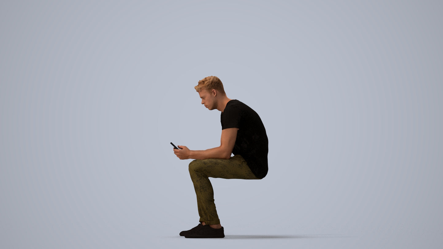 3D scanned man sitting casual, photorealistic archviz people for Enscape and SketchUp, three-quarter view render