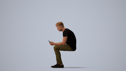 3D scanned man sitting casual, photorealistic archviz people for Enscape and SketchUp, three-quarter view render