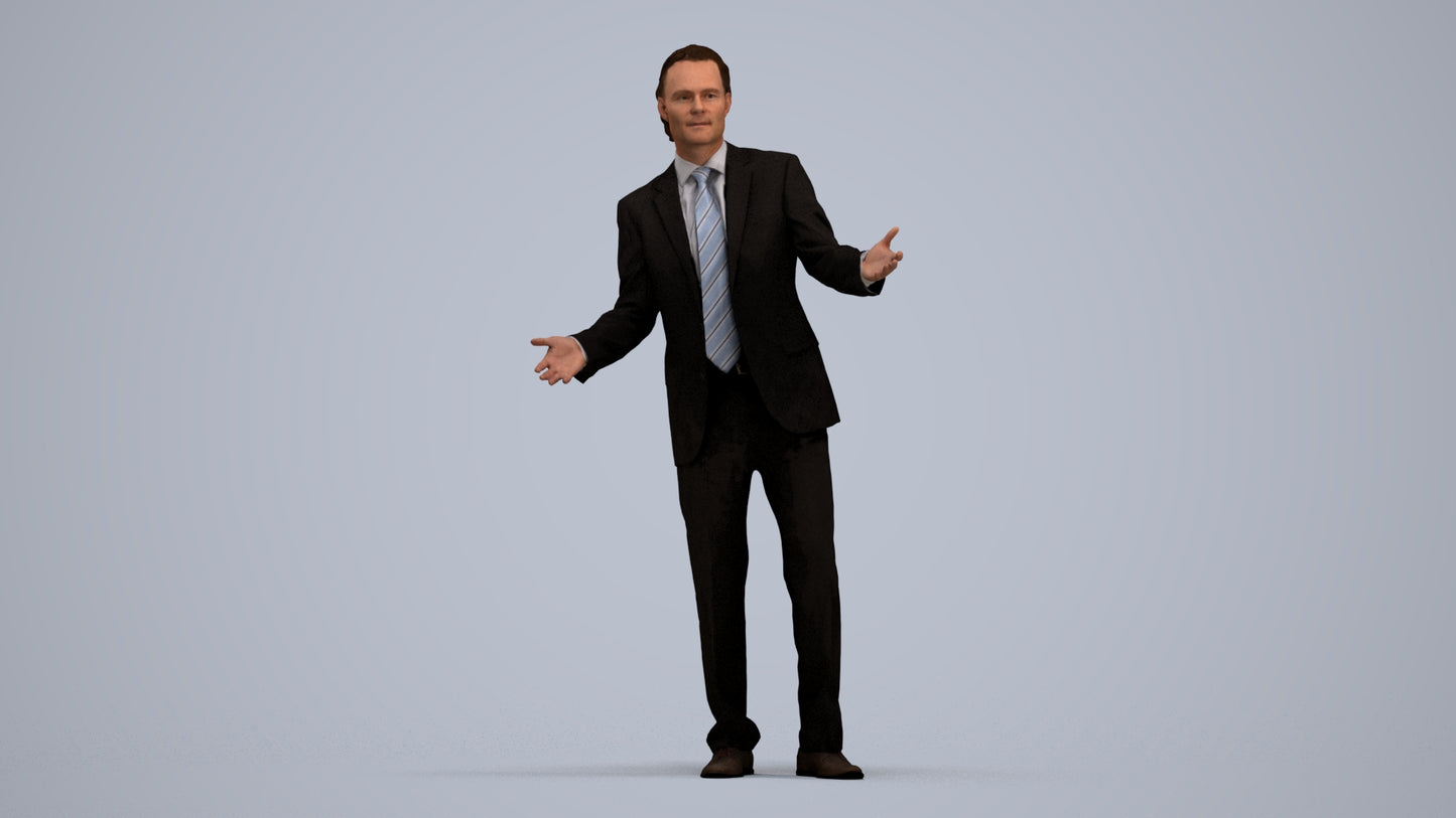 3D human model man business, photogrammetry scanned person for archviz, standing pose render