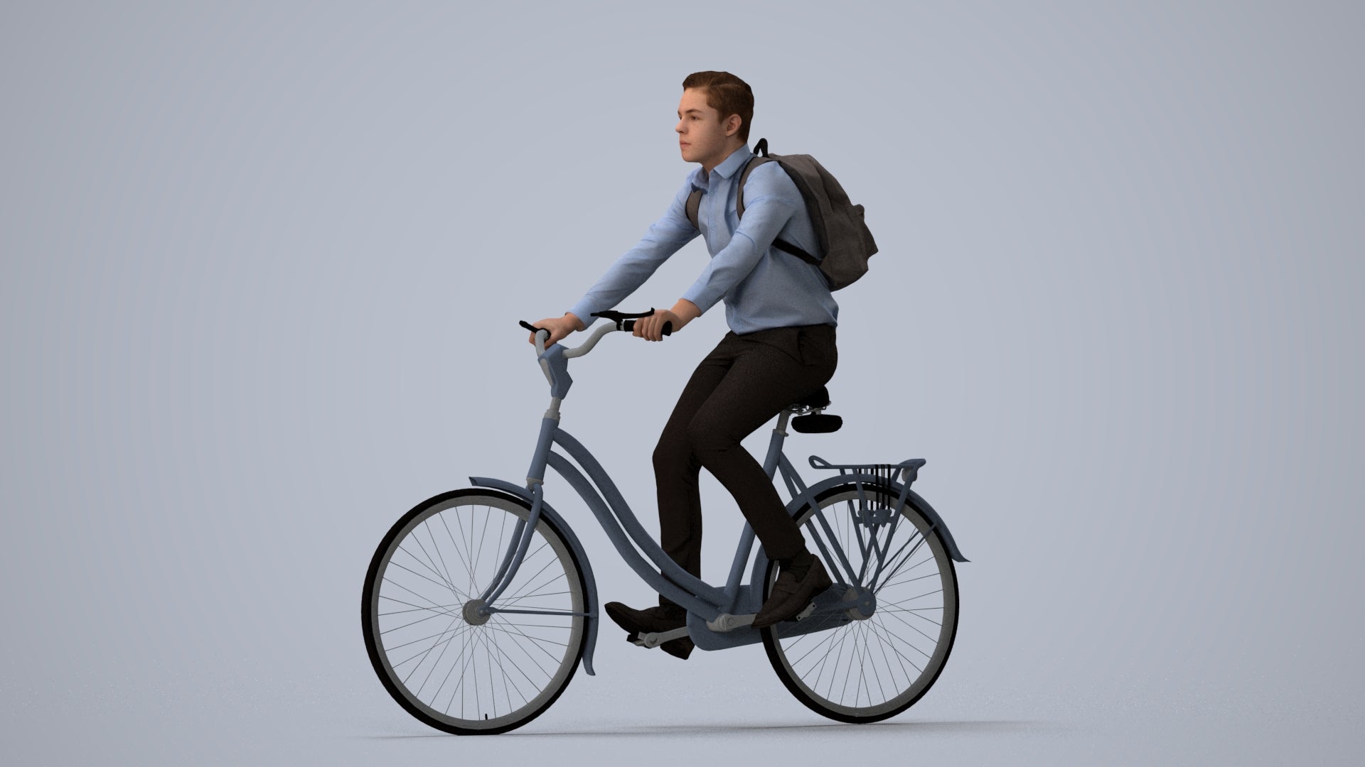 realistic 3D human boy business cycling, archviz people FBX OBJ for Blender, three-quarter view render