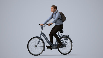realistic 3D human boy business cycling, archviz people FBX OBJ for Blender, three-quarter view render