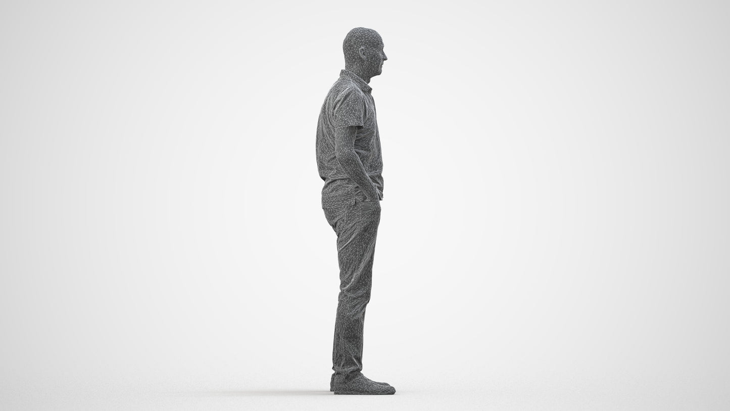 3D human model senior man casual standing, photogrammetry scanned person for archviz, wireframe side view