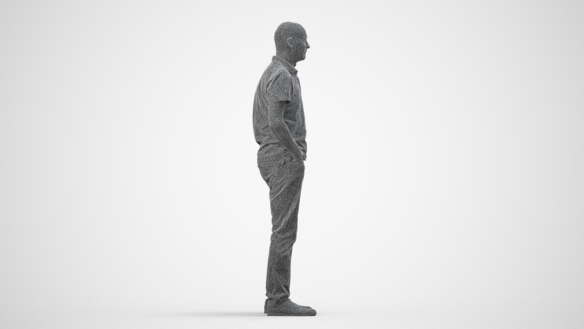 3D human model senior man casual standing, photogrammetry scanned person for archviz, wireframe side view