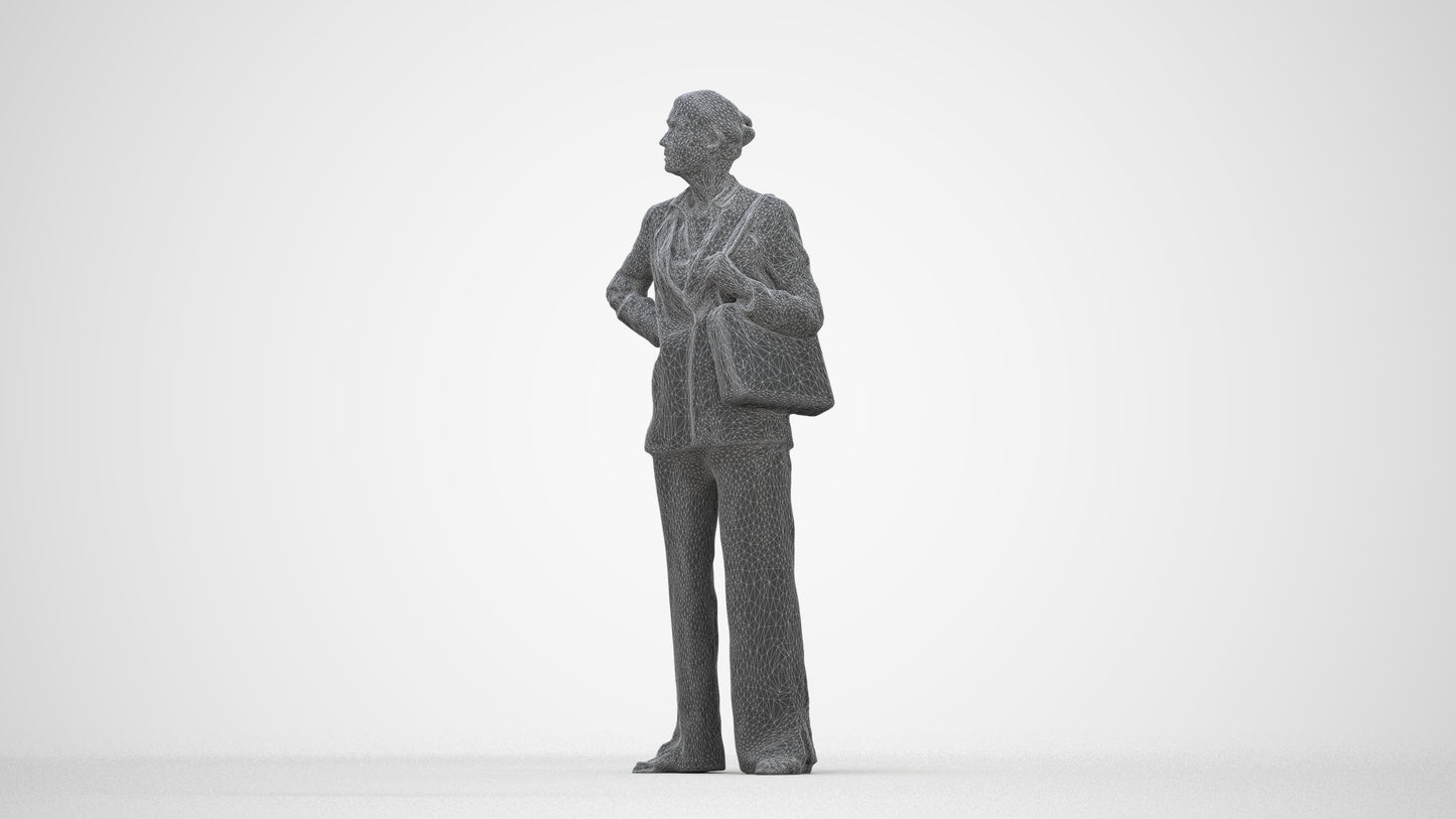 3D human model senior woman business, photogrammetry scanned person for archviz, wireframe back view
