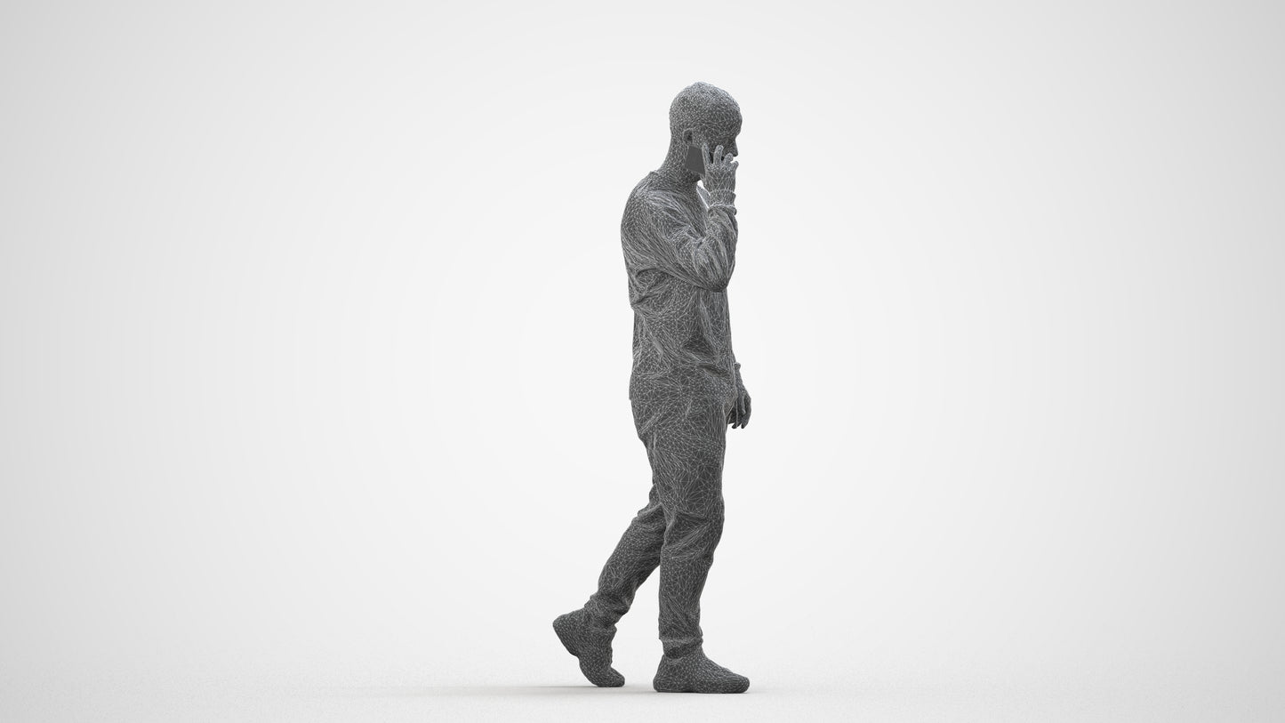 3D scanned man walking casual, photorealistic archviz people for Enscape and SketchUp, wireframe side view