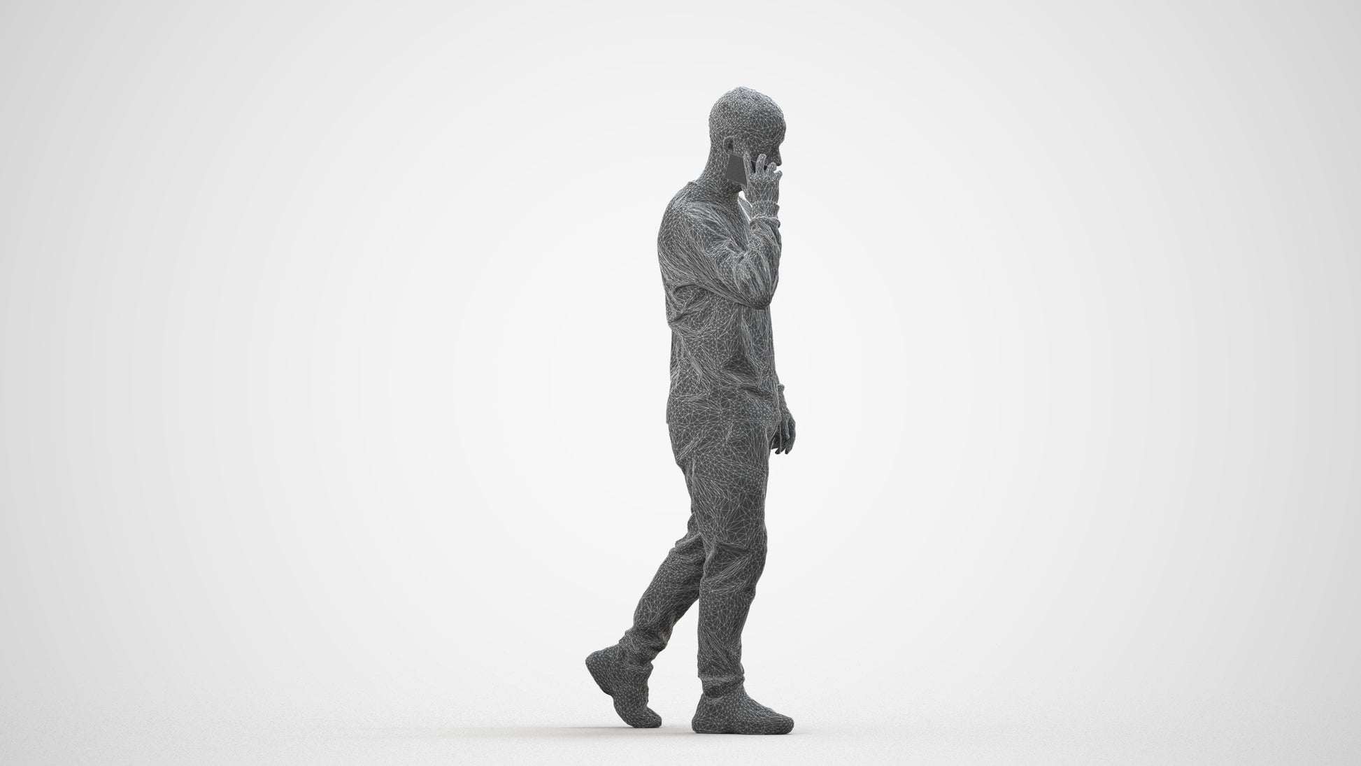 3D scanned man walking casual, photorealistic archviz people for Enscape and SketchUp, wireframe side view
