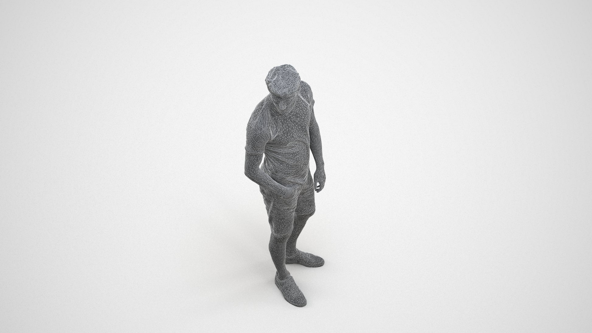 3D scanned man standing casual, photorealistic archviz people for Enscape and SketchUp, wireframe three-quarter view