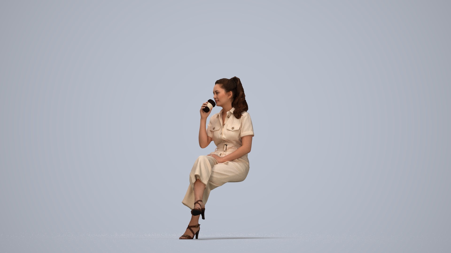 3D scanned woman sitting formal, photorealistic archviz people for Enscape and SketchUp, top-down view render