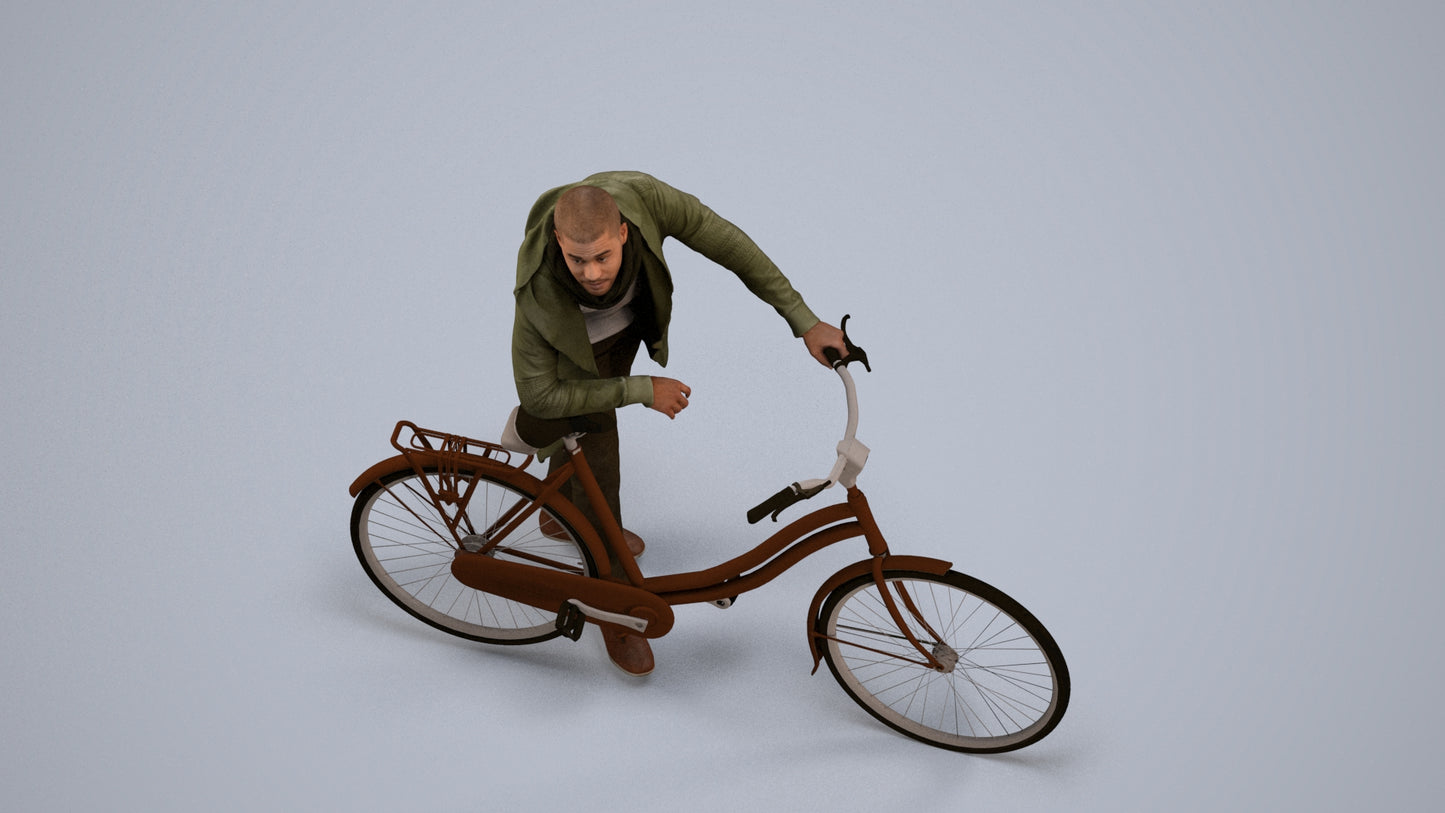 photogrammetry 3D man casual cycling, realistic human model archviz FBX, back view render