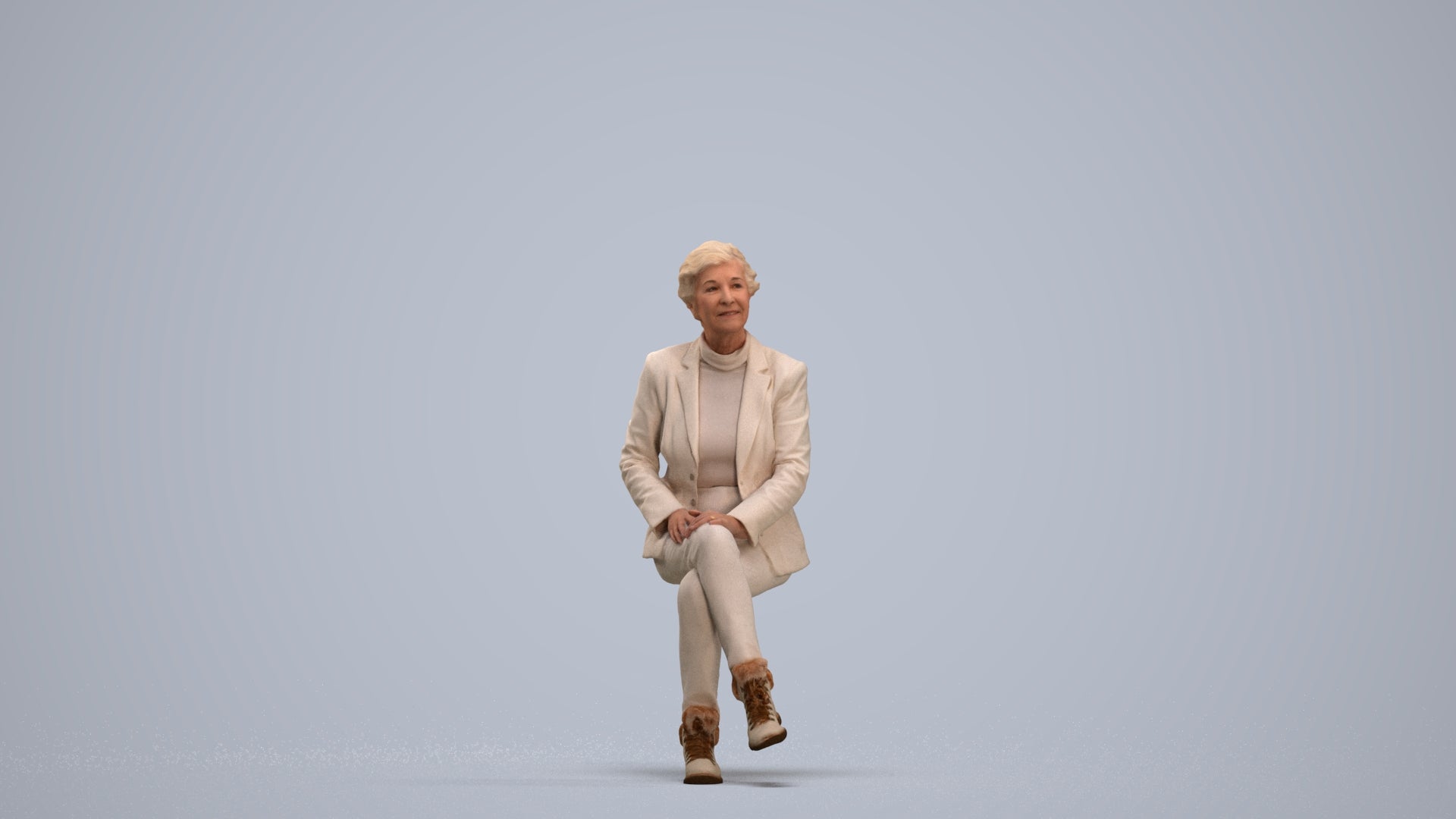 realistic 3D human senior woman business sitting, archviz people FBX OBJ for Blender, standing pose render