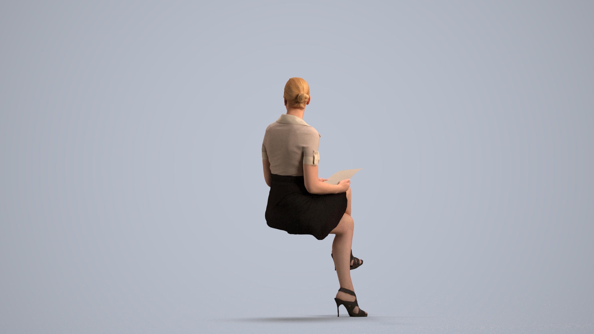 3D scanned woman sitting business, photorealistic archviz people for Enscape and SketchUp, front view render