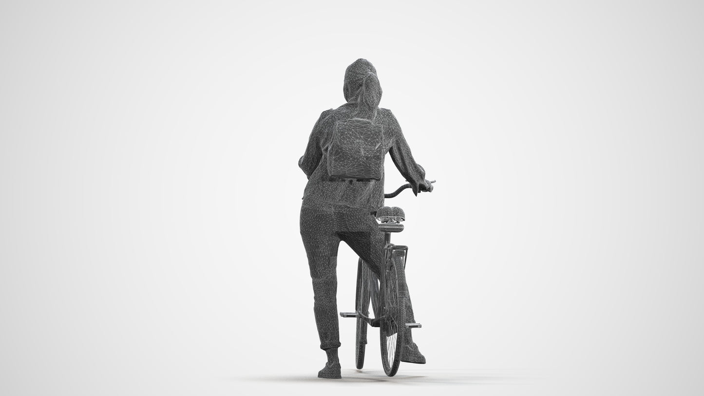 3D scanned woman cycling casual, photorealistic archviz people for Enscape and SketchUp, wireframe front view
