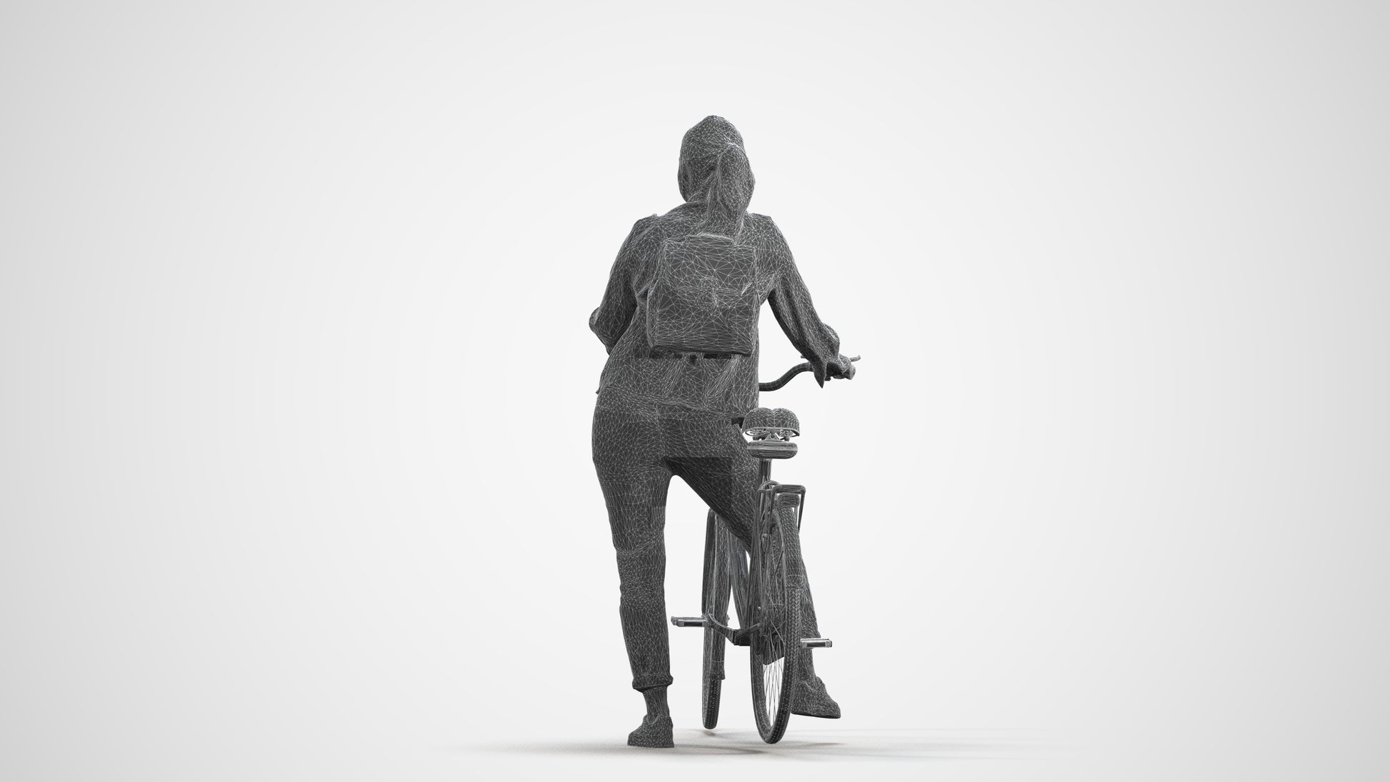 3D scanned woman cycling casual, photorealistic archviz people for Enscape and SketchUp, wireframe front view