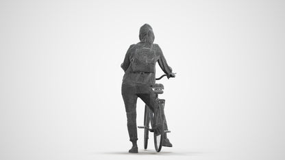 3D scanned woman cycling casual, photorealistic archviz people for Enscape and SketchUp, wireframe front view