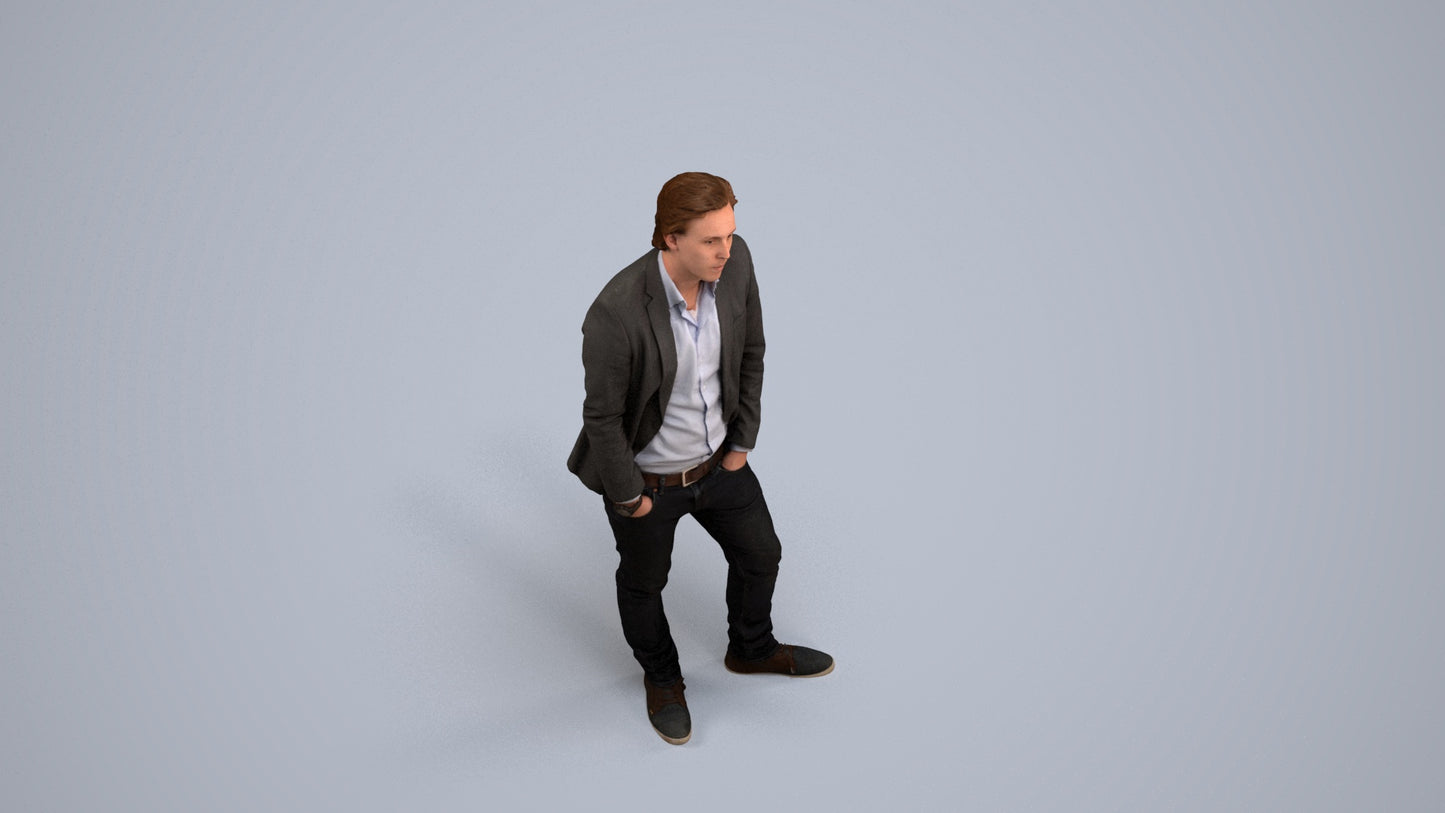 3D human model man business standing, photogrammetry scanned person for archviz, back view render