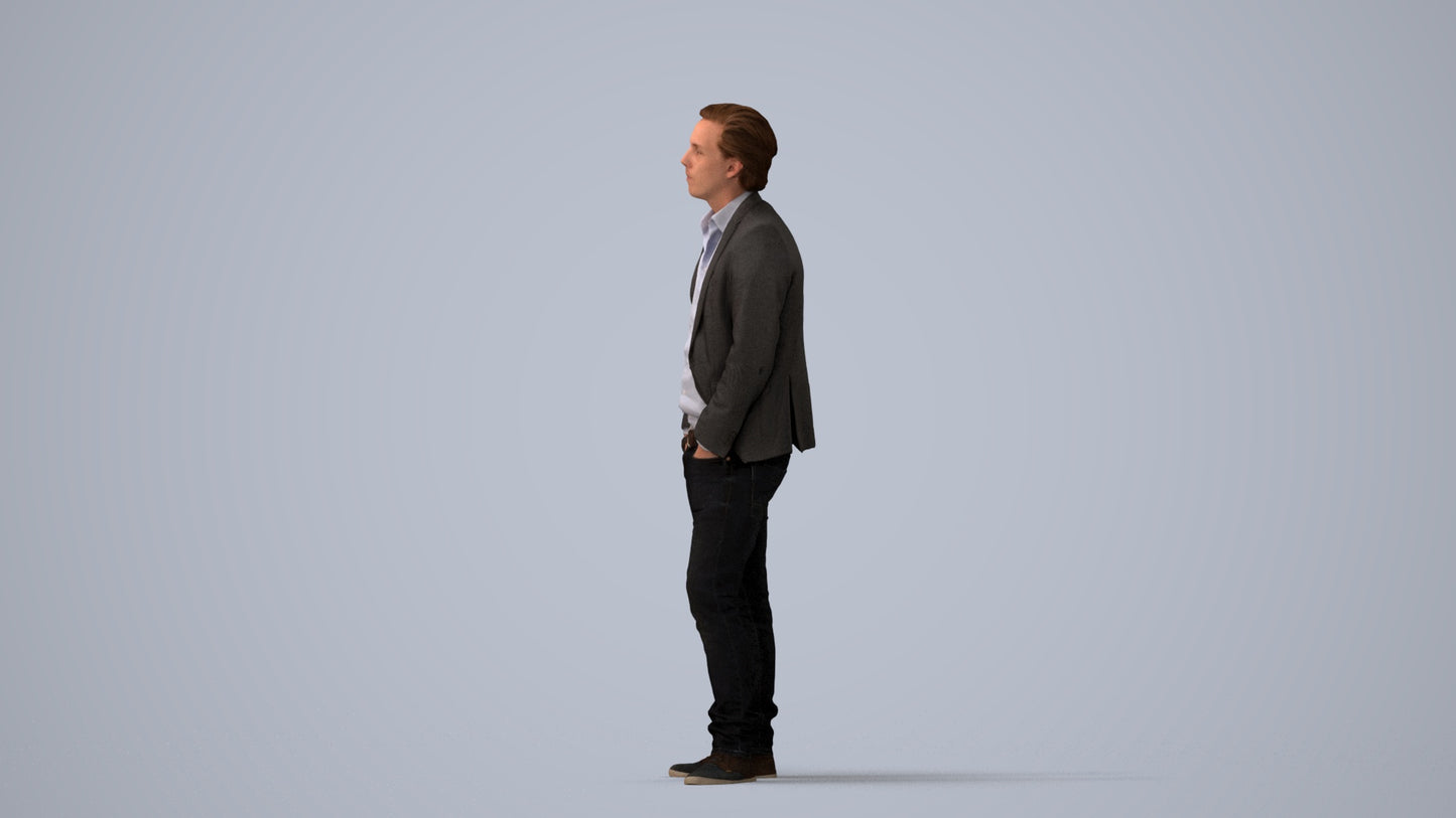 3D human model man business standing, photogrammetry scanned person for archviz, three-quarter view render