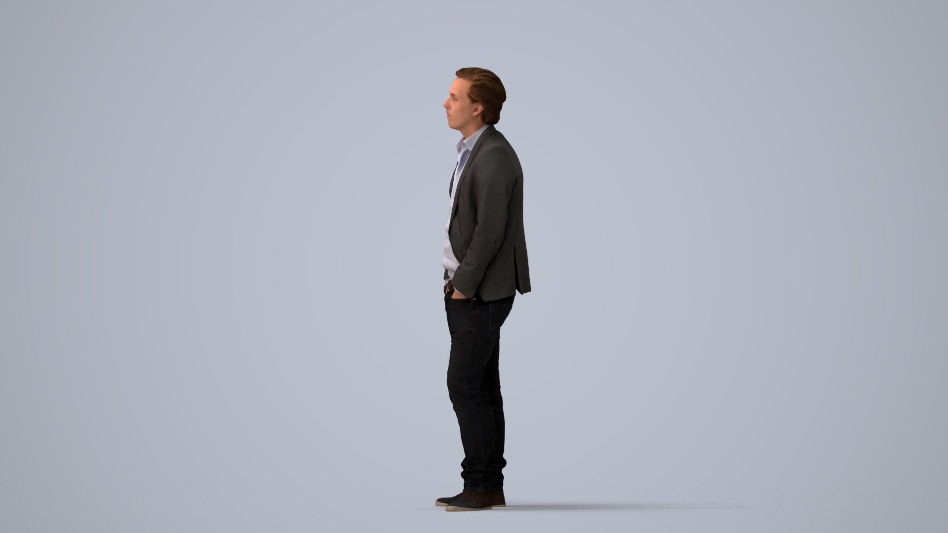 3D human model man business standing, photogrammetry scanned person for archviz, three-quarter view render