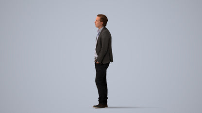 3D human model man business standing, photogrammetry scanned person for archviz, three-quarter view render
