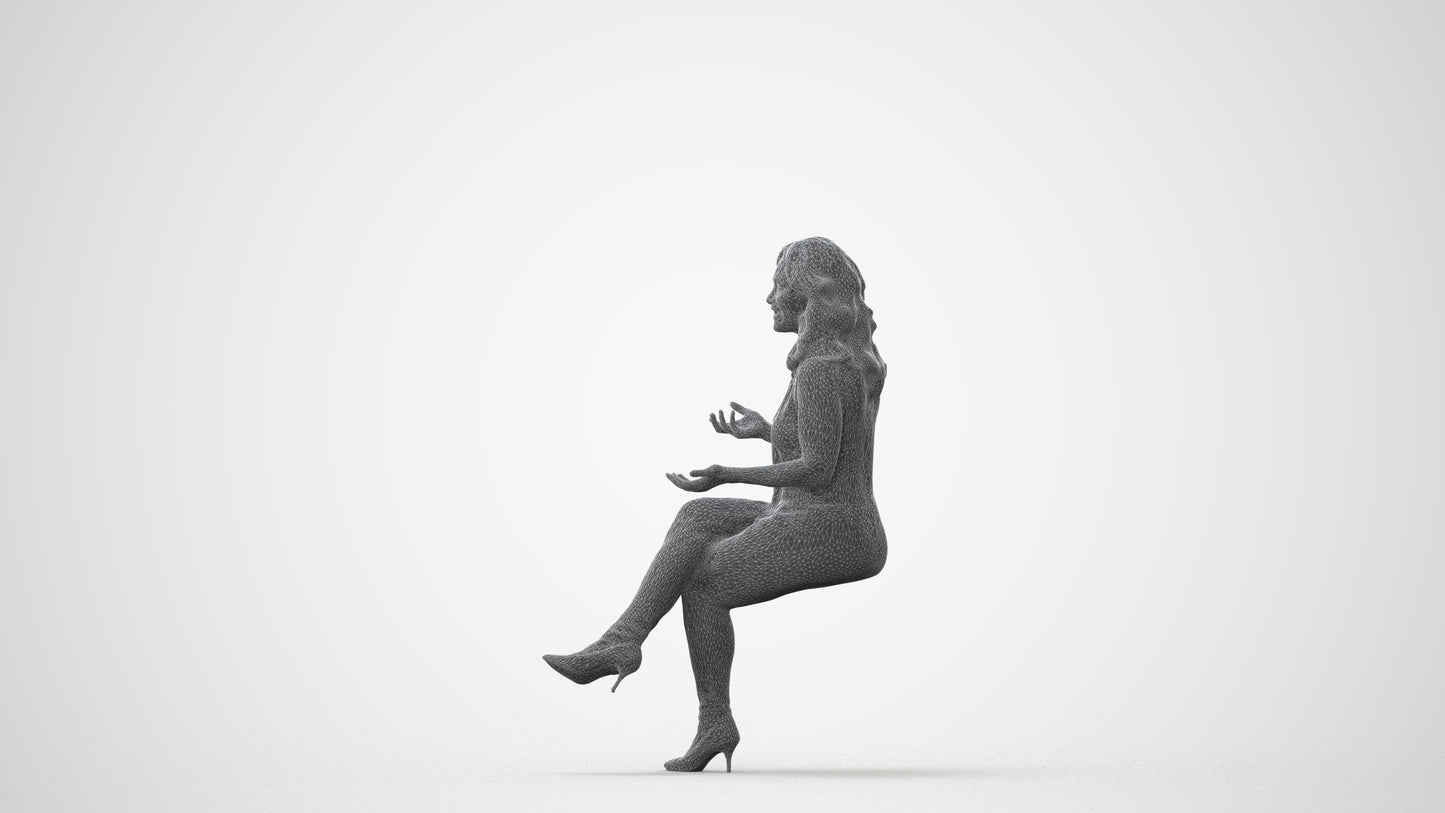 3D human model woman casual sitting, photogrammetry scanned person for archviz, square thumbnail