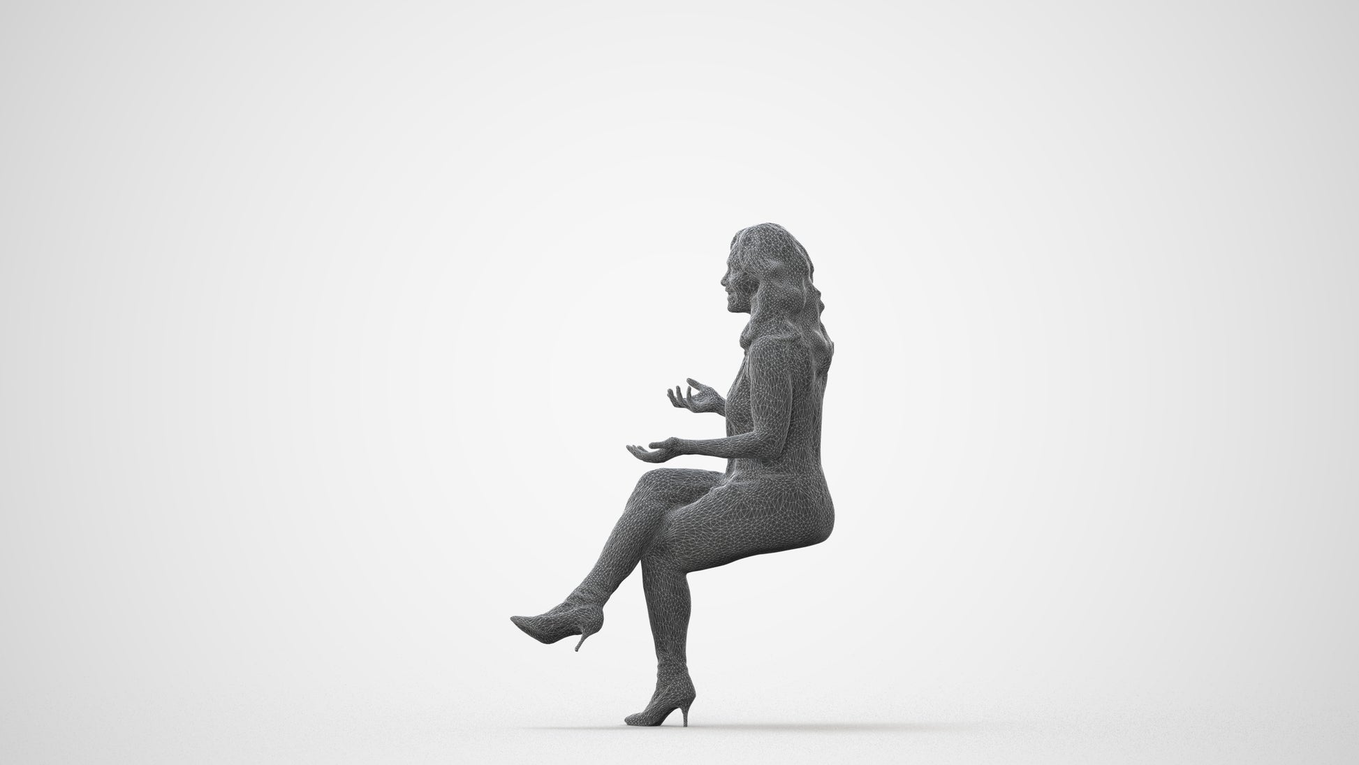 3D human model woman casual sitting, photogrammetry scanned person for archviz, square thumbnail