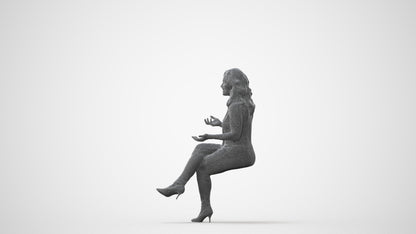 3D human model woman casual sitting, photogrammetry scanned person for archviz, square thumbnail