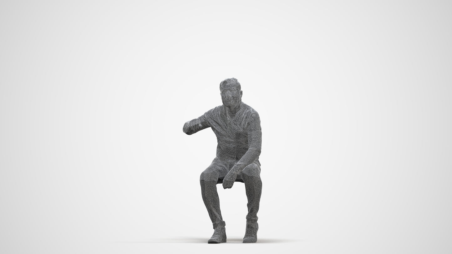 realistic 3D human man casual sitting, archviz people FBX OBJ for Blender, three-quarter front view render