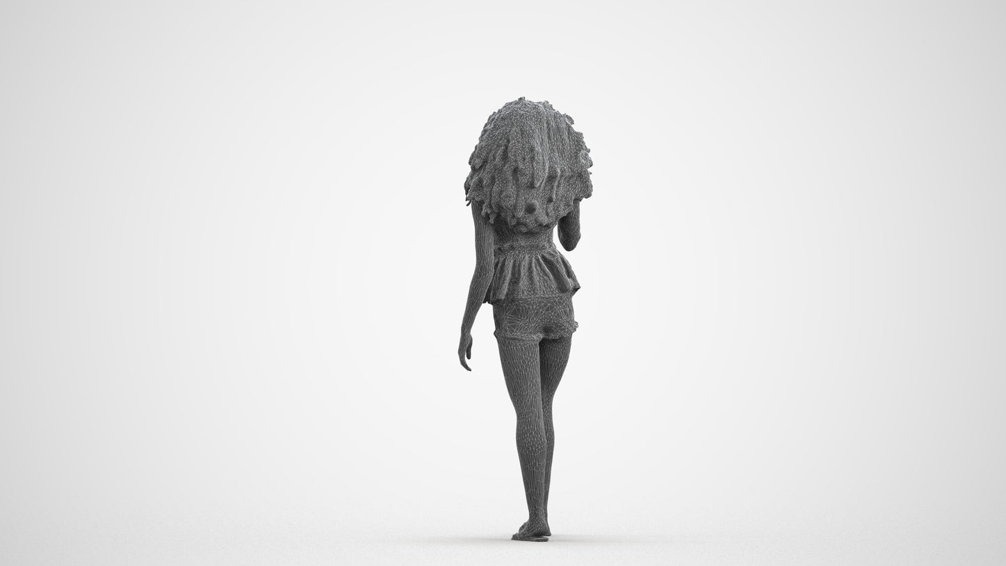 3D scanned woman walking casual, photorealistic archviz people for Enscape and SketchUp, wireframe front view