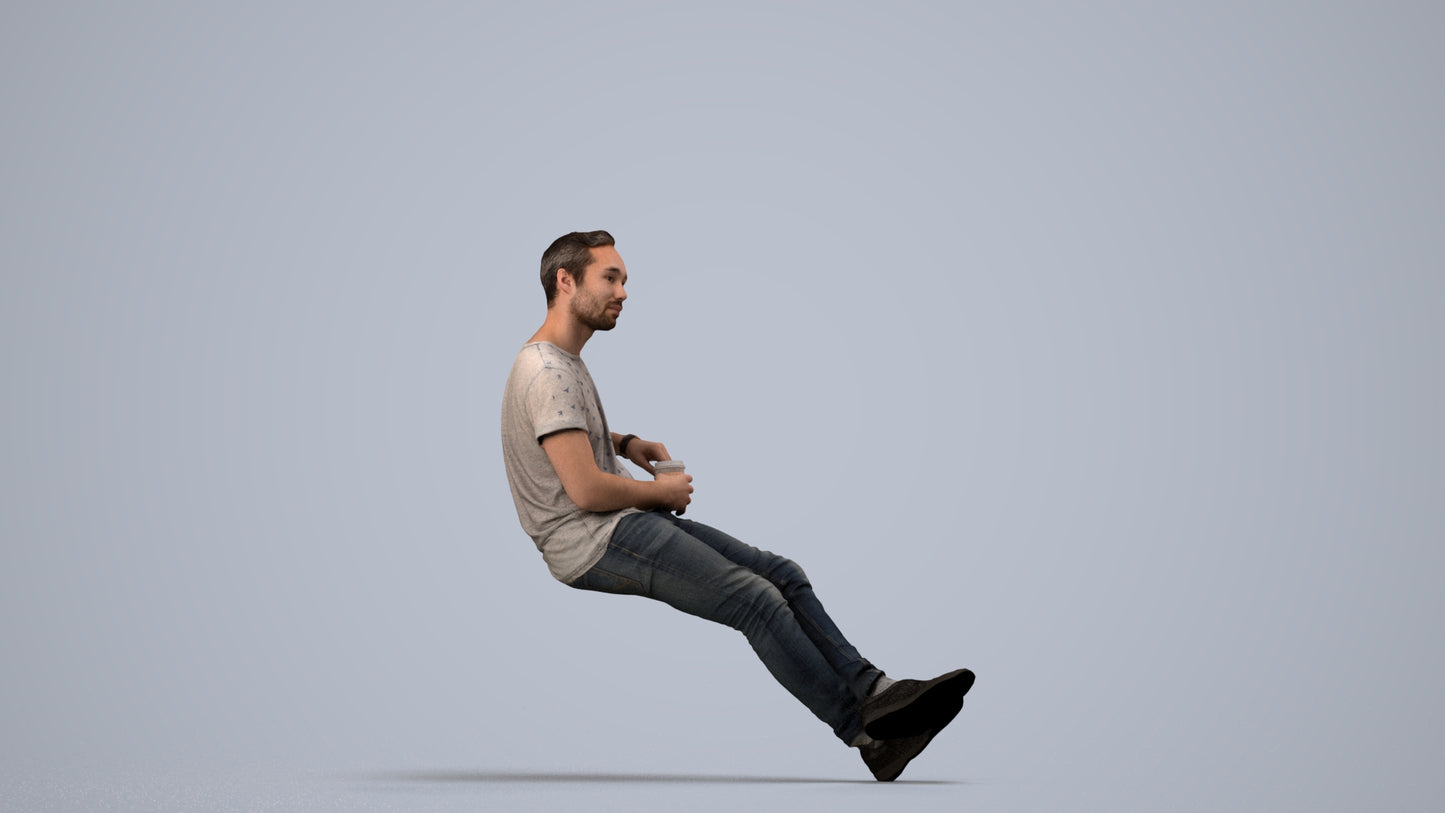 3D people model man casual sitting, scanned human for 3ds Max rendering, side view render