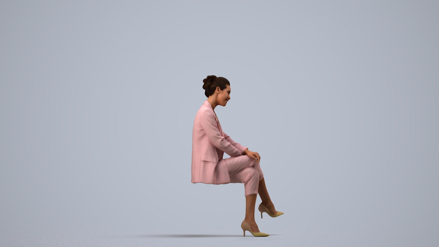 3D human model woman business sitting, photogrammetry scanned person for archviz, side view render