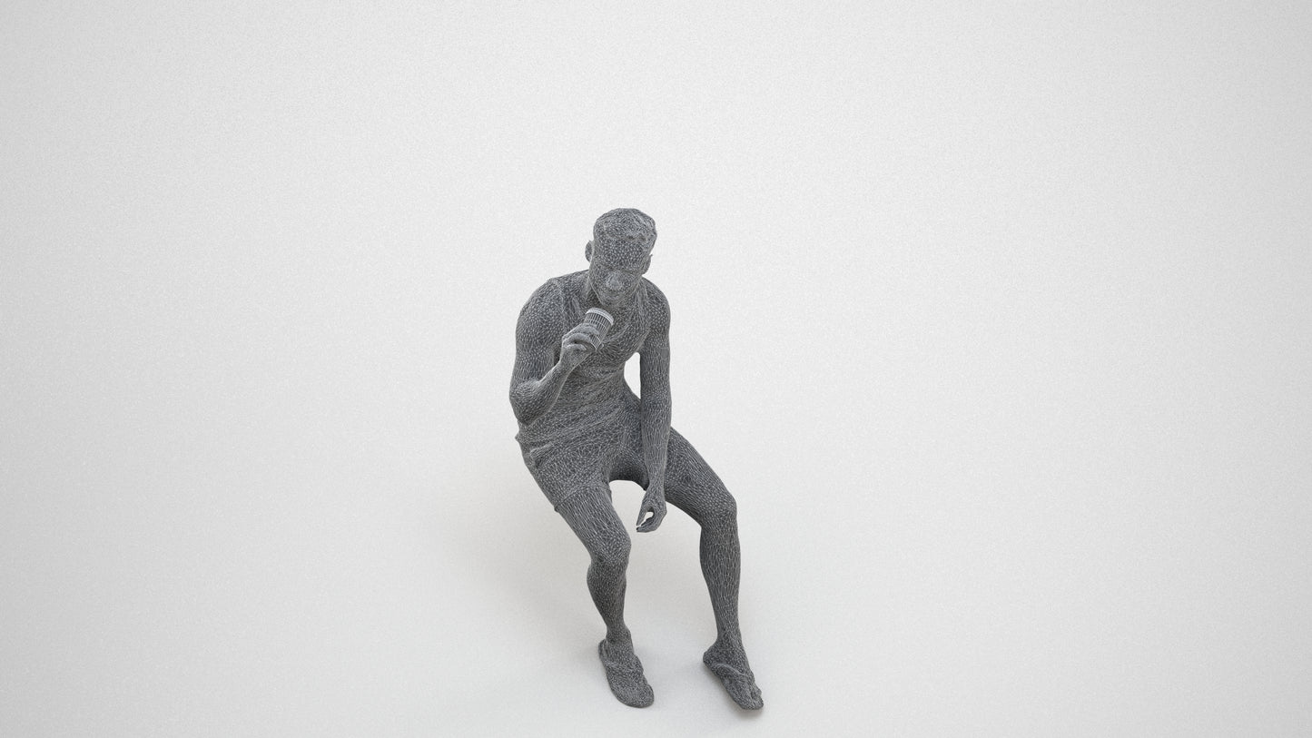 scanned 3D man casual sitting, photogrammetry people for Enscape and V-Ray, wireframe three-quarter view