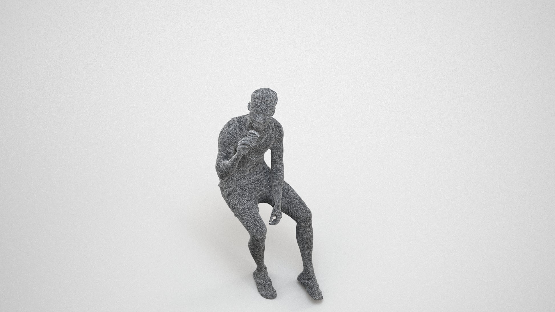 scanned 3D man casual sitting, photogrammetry people for Enscape and V-Ray, wireframe three-quarter view