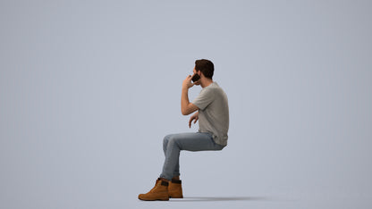 3D people model man casual sitting, scanned human for 3ds Max rendering, three-quarter view render