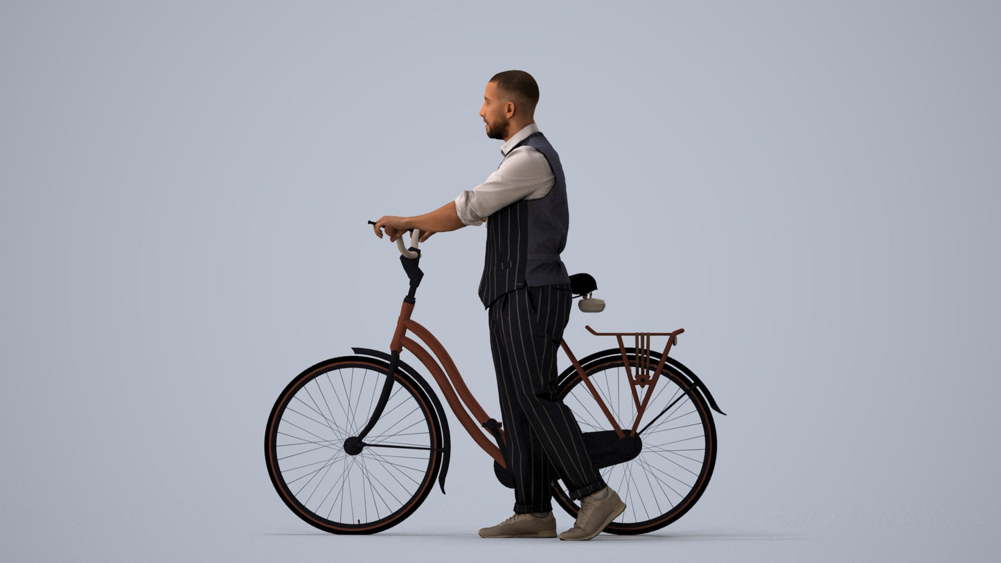 3D human model man business cycling, photogrammetry scanned person for archviz, three-quarter view render