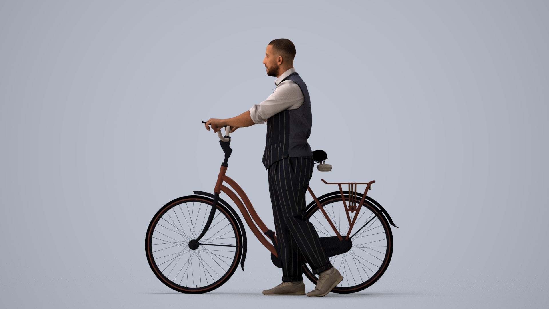 3D human model man business cycling, photogrammetry scanned person for archviz, three-quarter view render