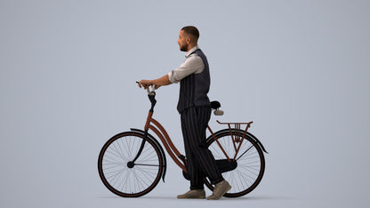 3D human model man business cycling, photogrammetry scanned person for archviz, three-quarter view render