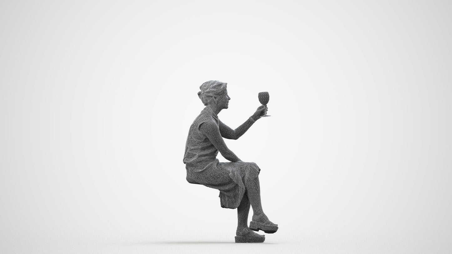 3D scanned woman sitting casual, photorealistic archviz people for Enscape and SketchUp, wireframe side view