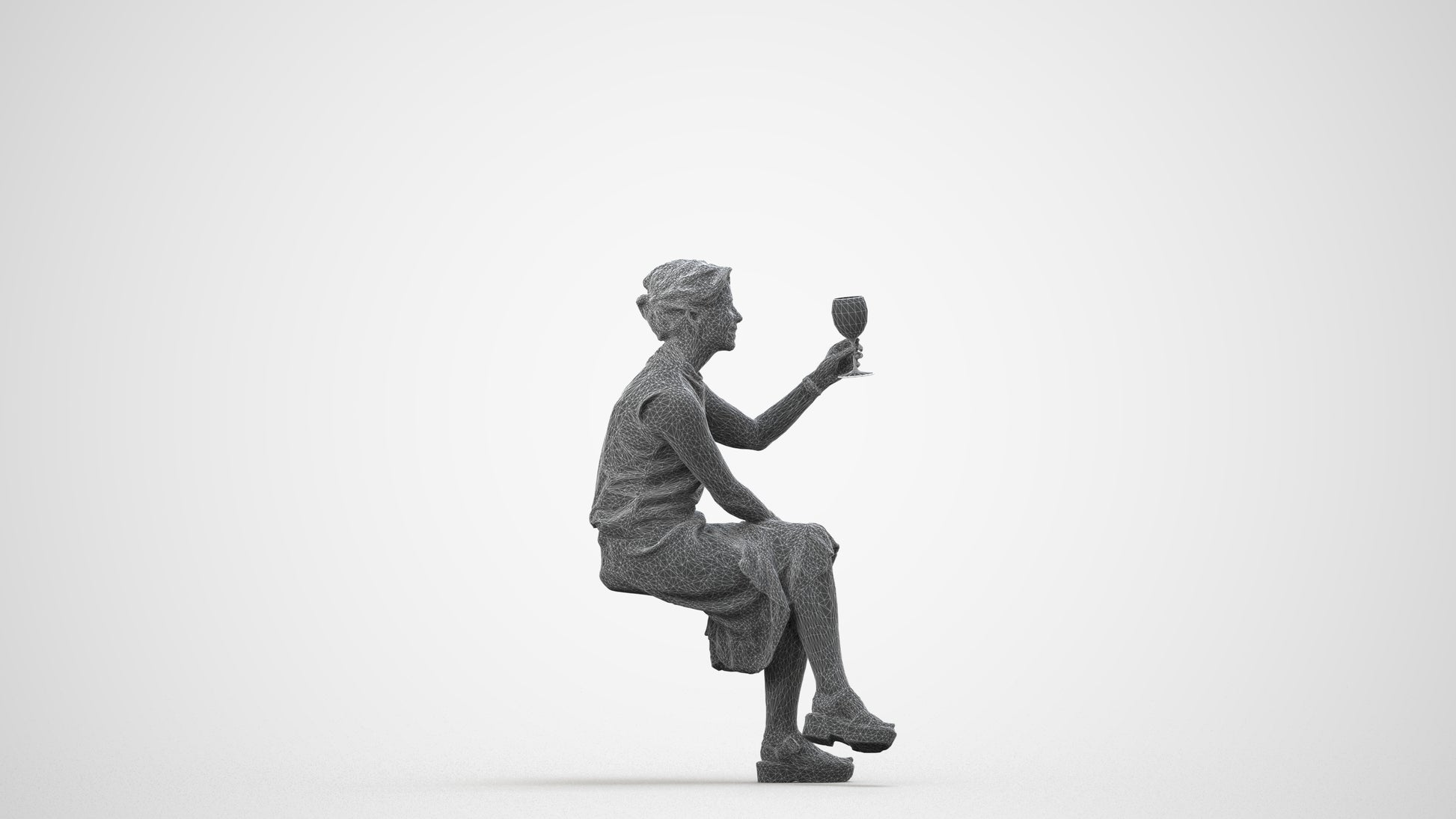 3D scanned woman sitting casual, photorealistic archviz people for Enscape and SketchUp, wireframe side view