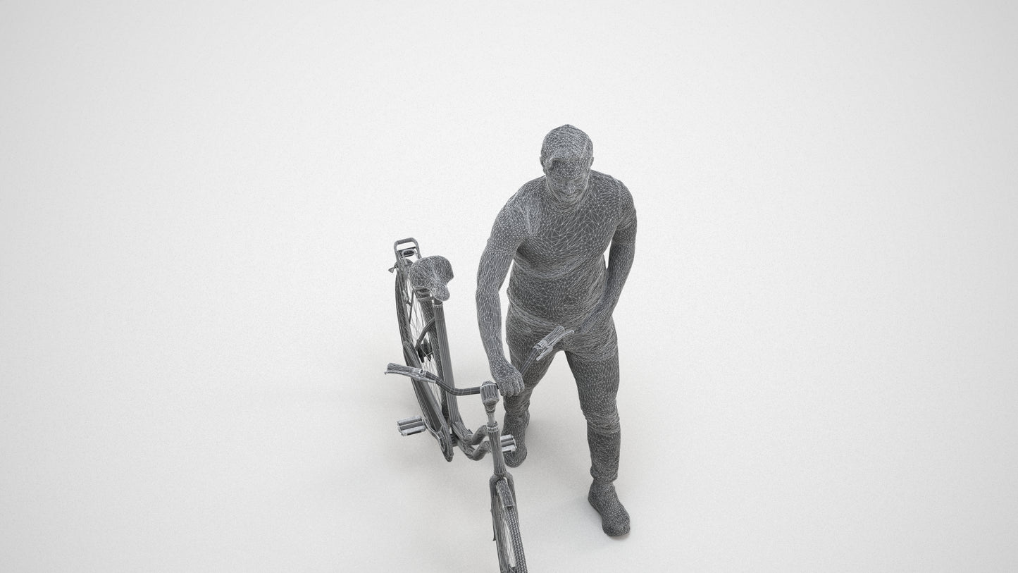 realistic 3D man casual cycling, scanned archviz people for Blender and 3ds Max, wireframe three-quarter view