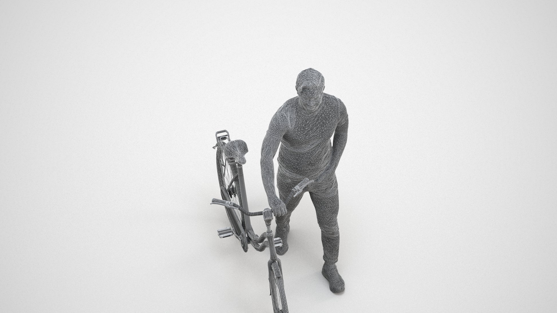 realistic 3D man casual cycling, scanned archviz people for Blender and 3ds Max, wireframe three-quarter view