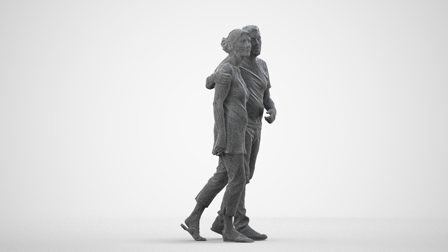 realistic 3D human senior woman casual couple, archviz people FBX OBJ for Blender, wireframe side view