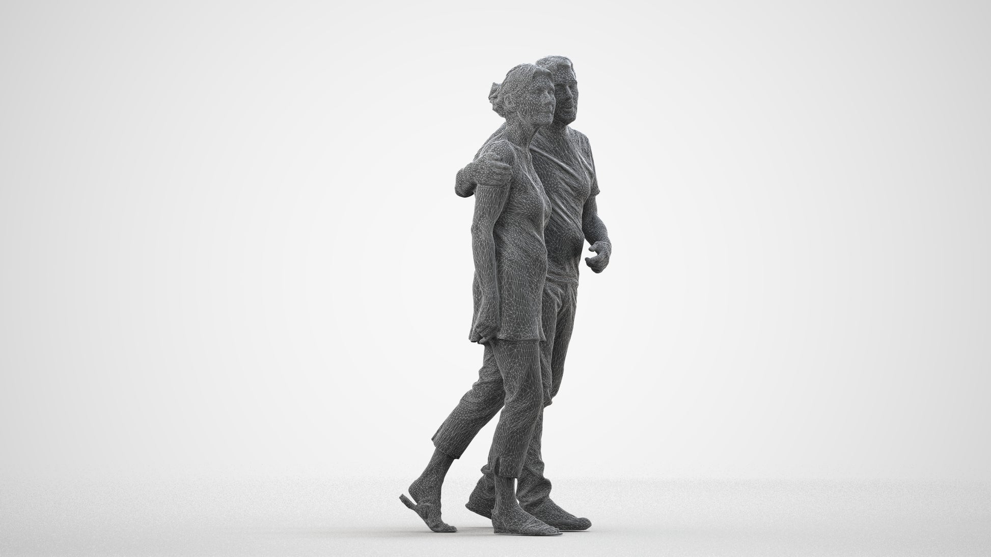 realistic 3D human senior woman casual couple, archviz people FBX OBJ for Blender, wireframe side view
