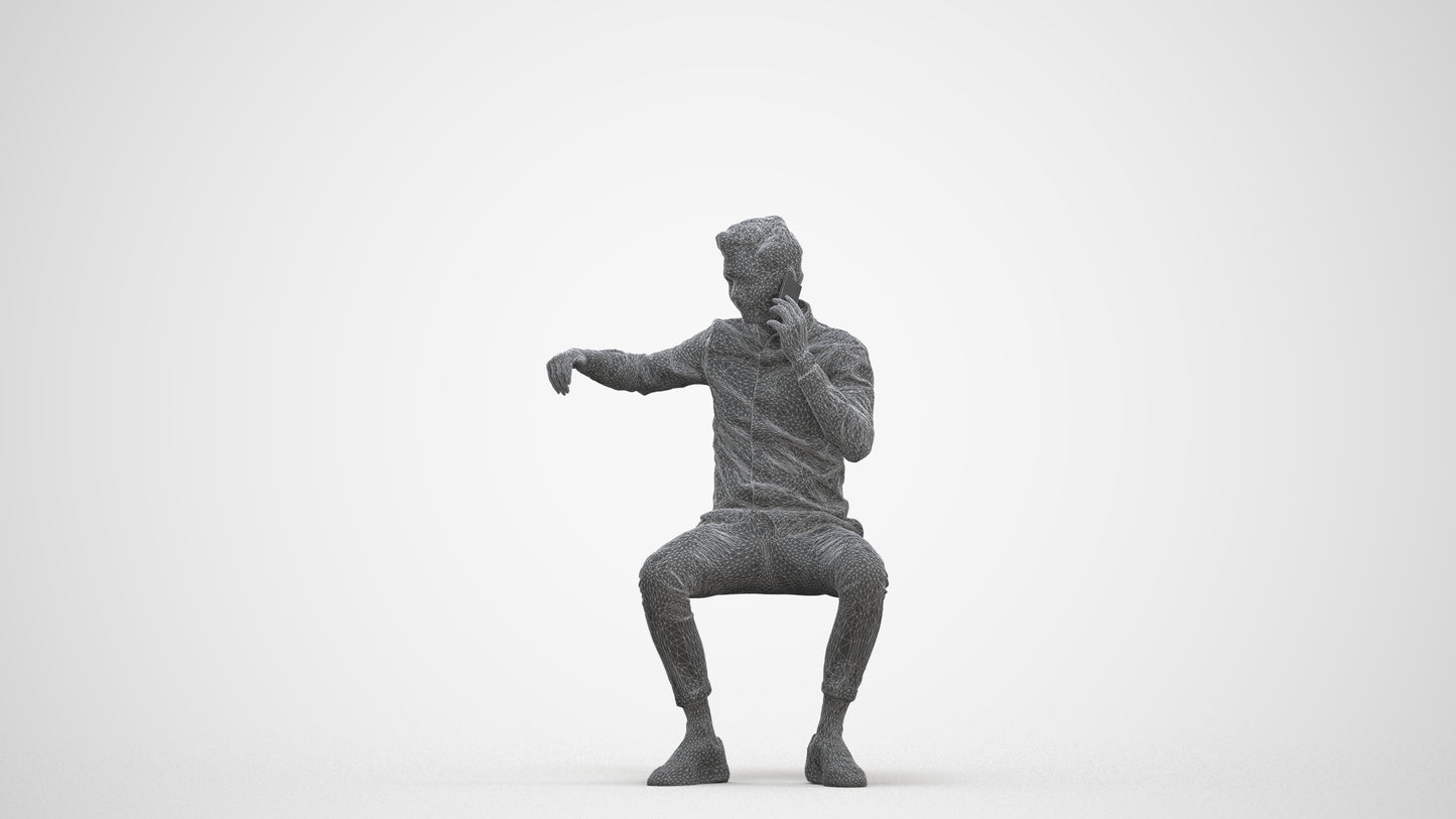 realistic 3D human man casual sitting, archviz people FBX OBJ for Blender, three-quarter front view render