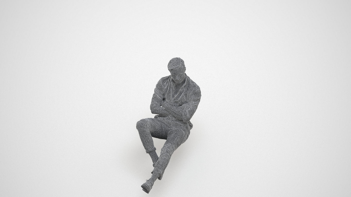 realistic 3D human man casual sitting, archviz people FBX OBJ for Blender, wireframe three-quarter view