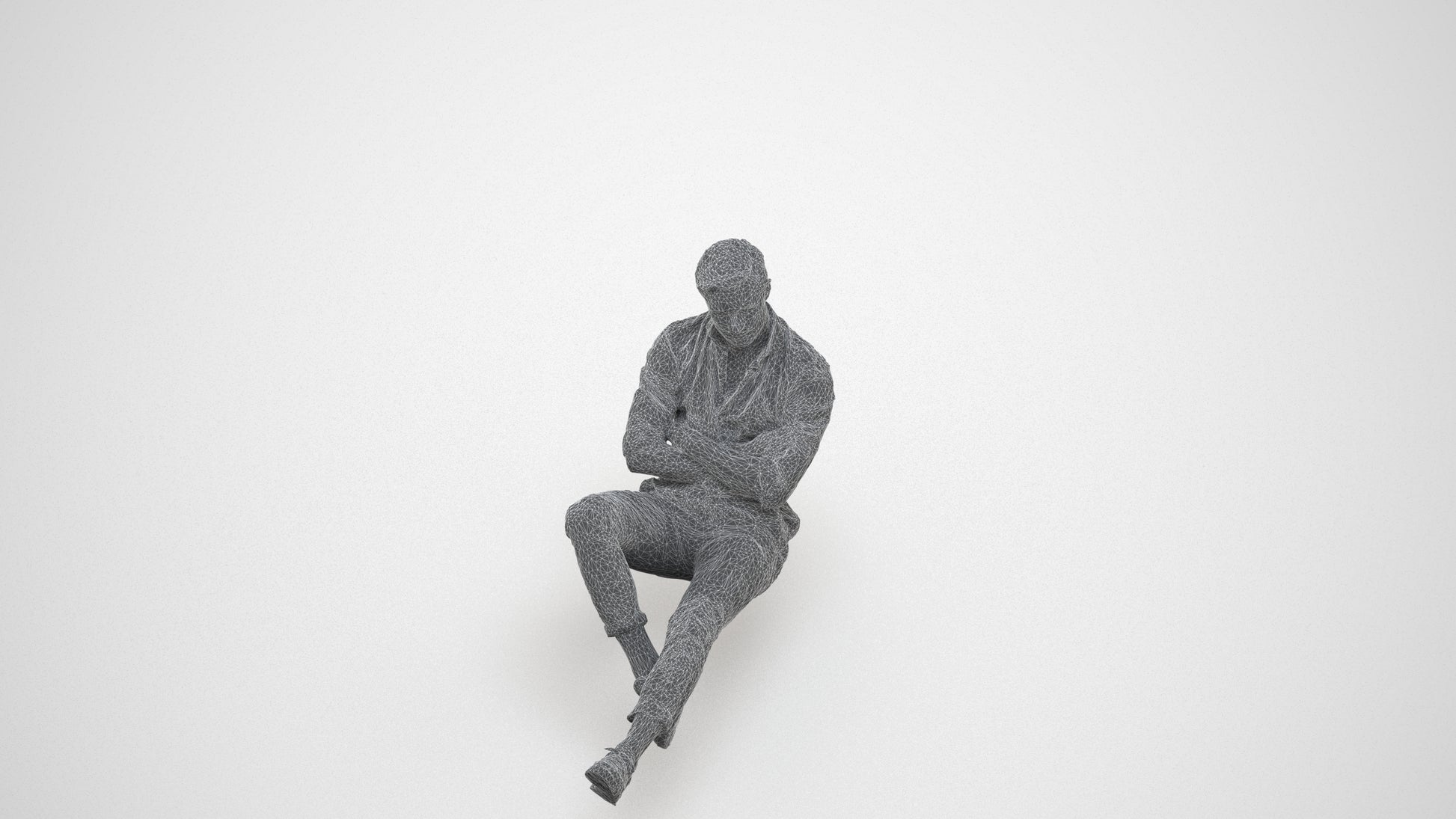 realistic 3D human man casual sitting, archviz people FBX OBJ for Blender, wireframe three-quarter view