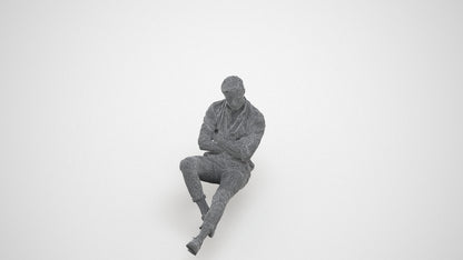 realistic 3D human man casual sitting, archviz people FBX OBJ for Blender, wireframe three-quarter view
