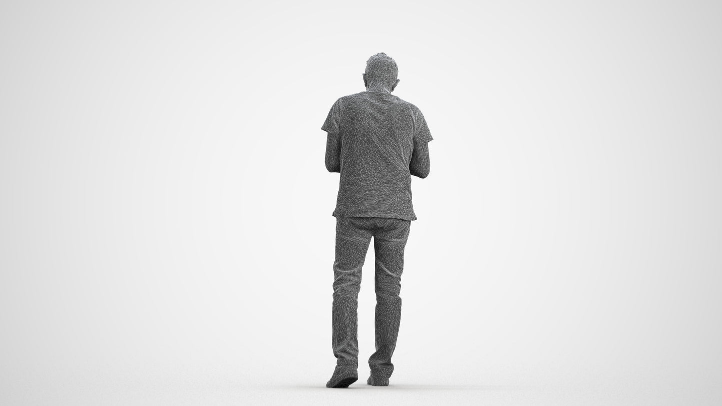 photogrammetry 3D senior man casual walking, realistic human model archviz FBX, wireframe front view